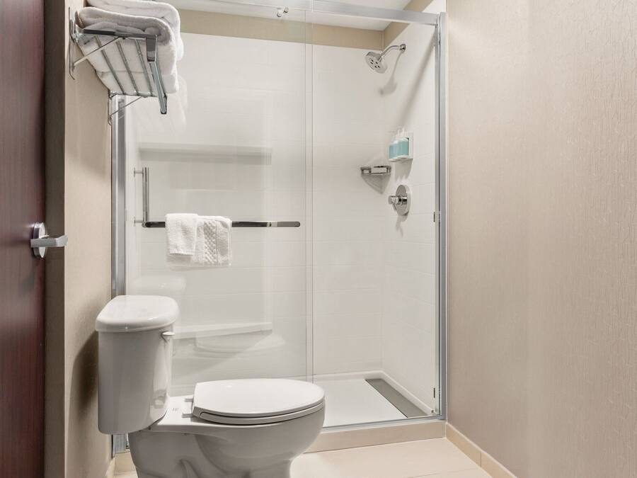 A modern bathroom with a glass-enclosed shower, a toilet, and a towel rack.