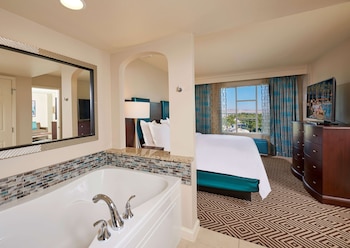 Designer toiletries, hair dryer, bathrobes, towels at Hilton Grand Vacations Club Paradise Las Vegas