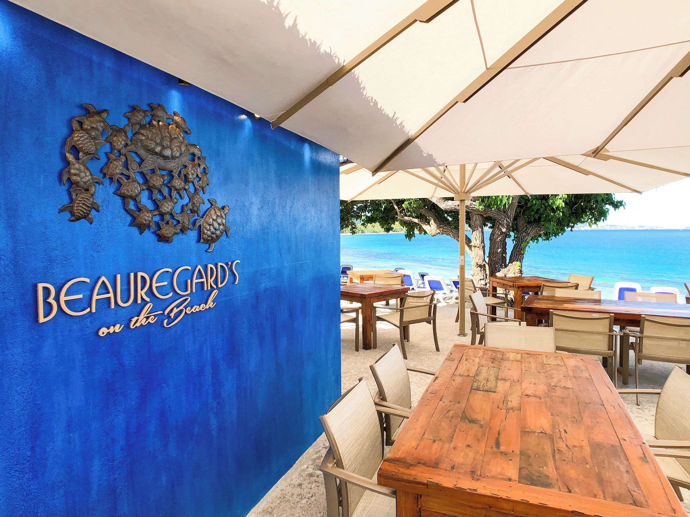 A beachfront restaurant with outdoor seating, a blue wall with a turtle mural, and a view of the sea.