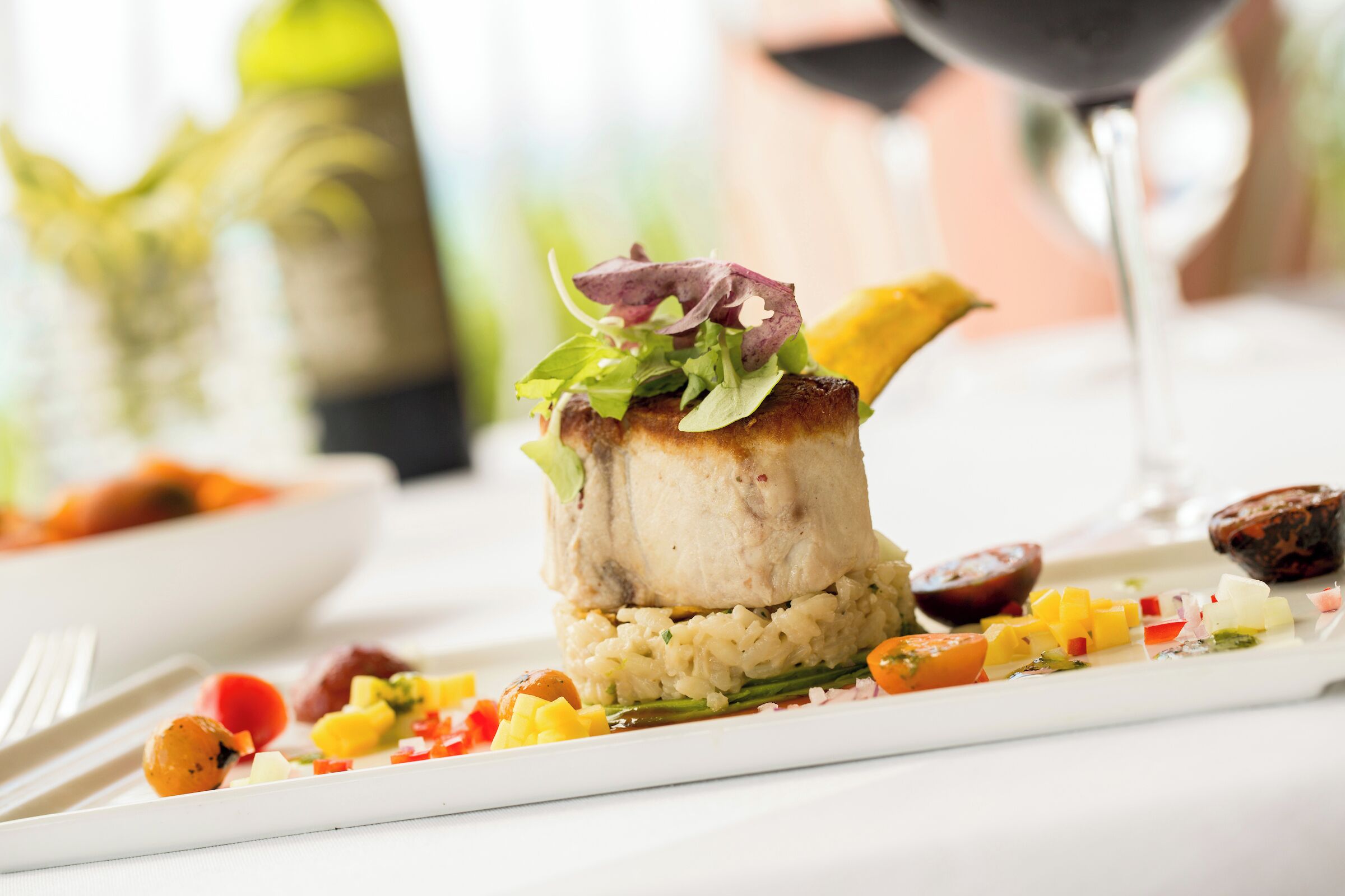 A plated dish with a piece of meat, rice, and vegetables.