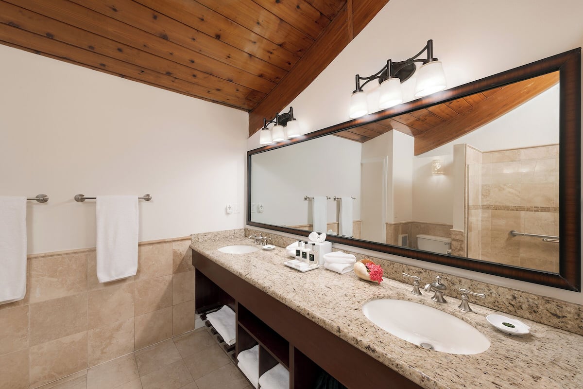 deluxe room, garden view, oceanfront | bathroom | combined shower/bathtub, free toiletries, hair dryer, slippers