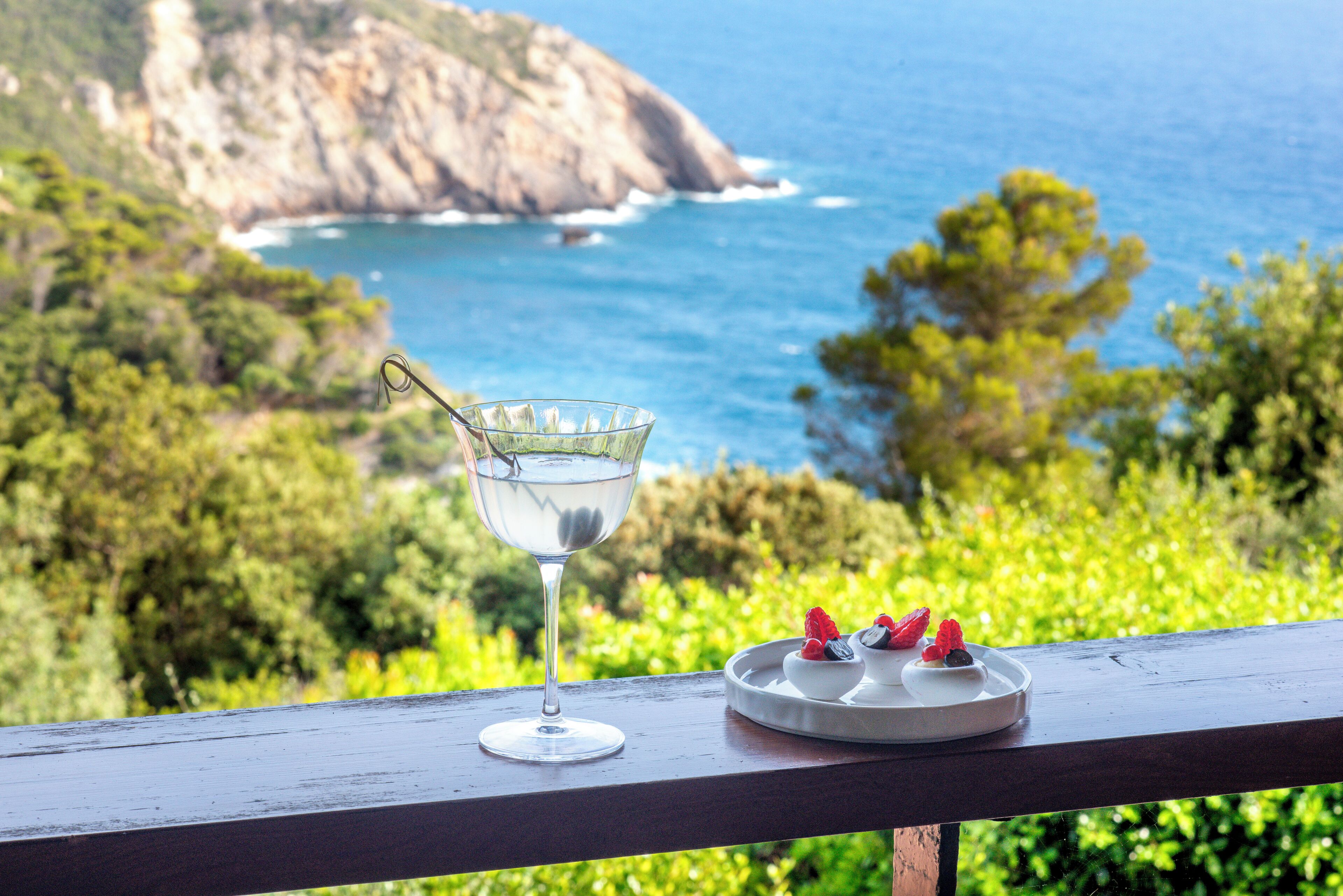 A glass of water on a wooden deck with a scenic view of the ocean and greenery.