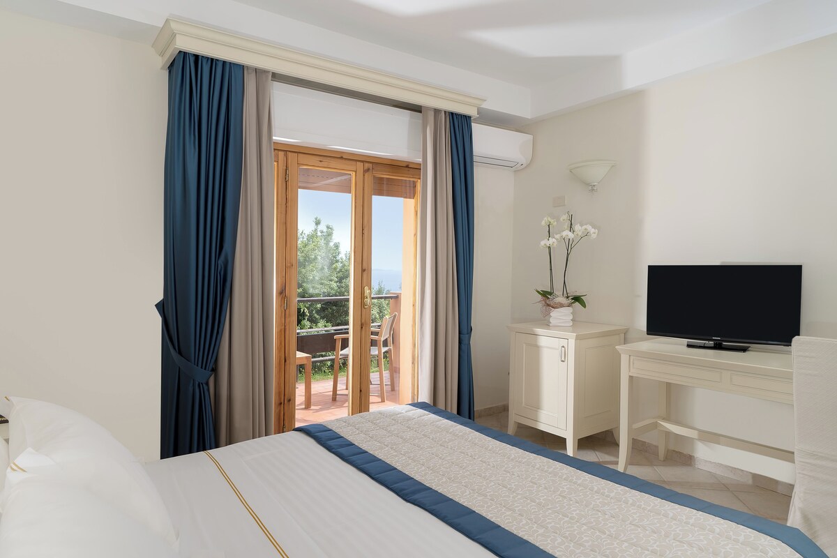 A hotel room with a bed, a TV, a desk, and a view of the outdoors.
