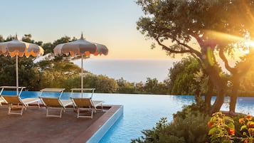 Outdoor pool, pool umbrellas, pool loungers