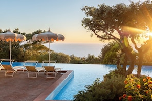 Outdoor pool, pool umbrellas, pool loungers