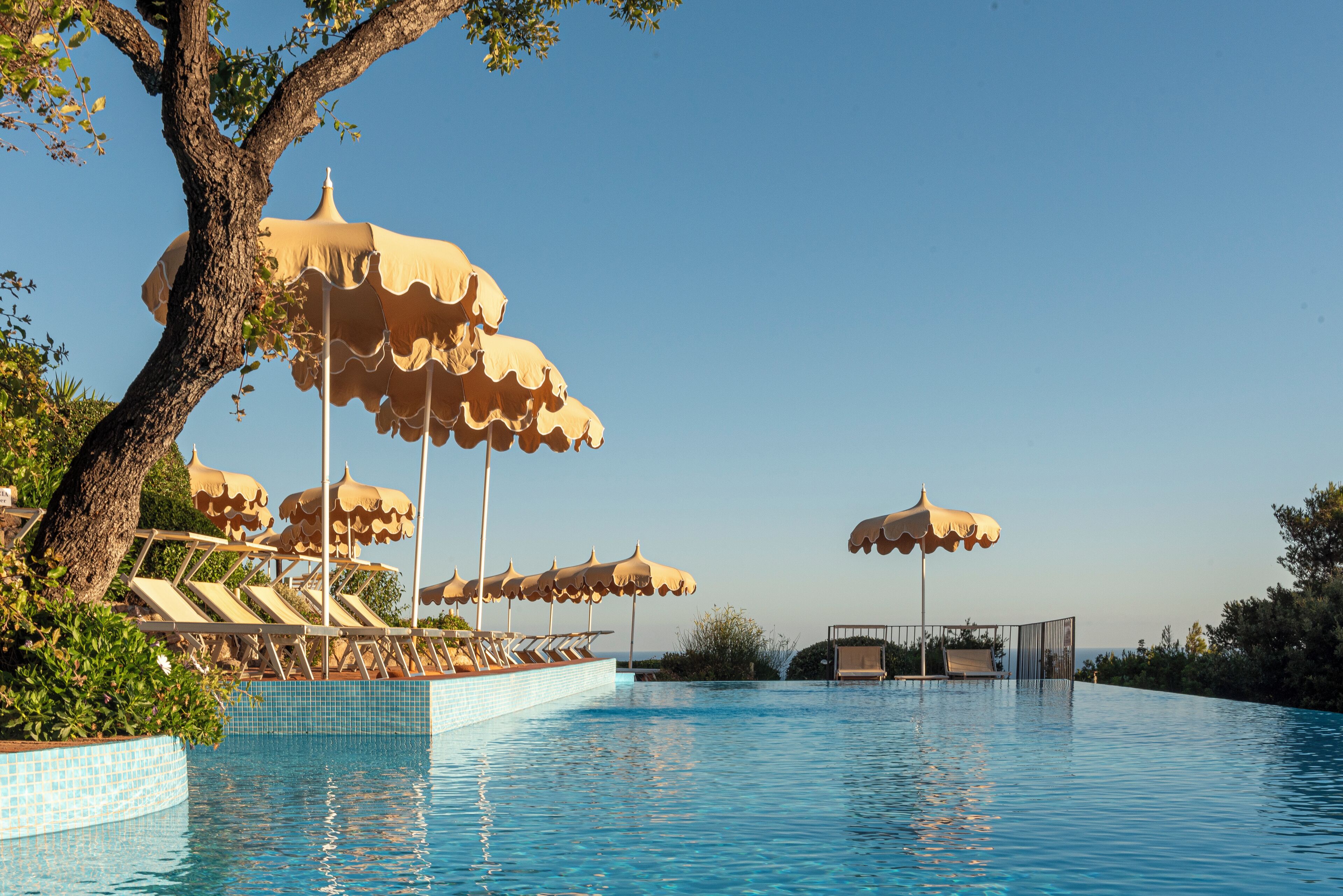 outdoor pool, pool umbrellas, pool loungers