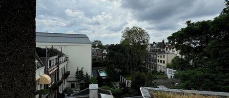A residential area with traditional architecture, including pitched roofs and a mix of building styles.