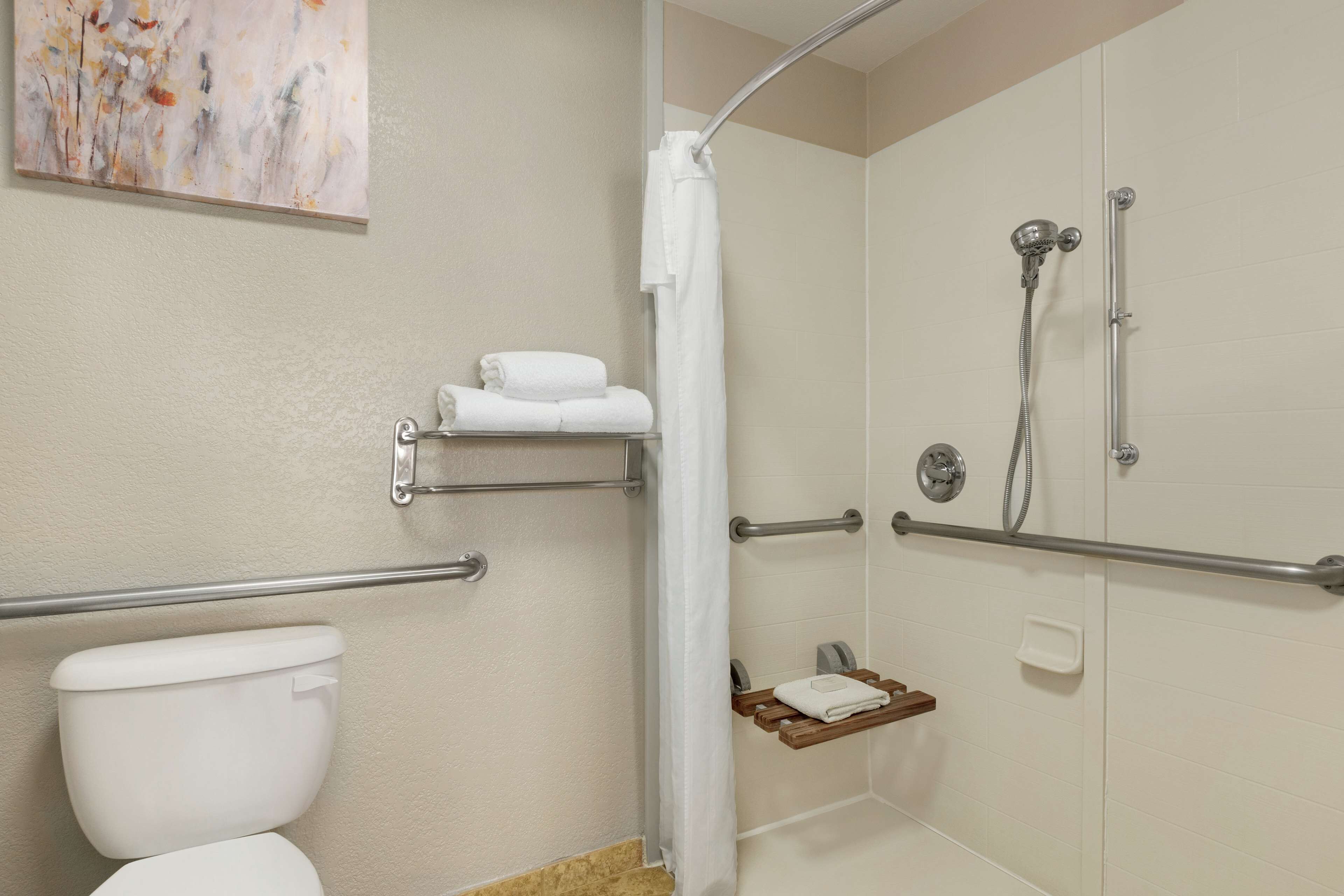 A bathroom with a toilet, a shower with grab bars, and a towel rack.
