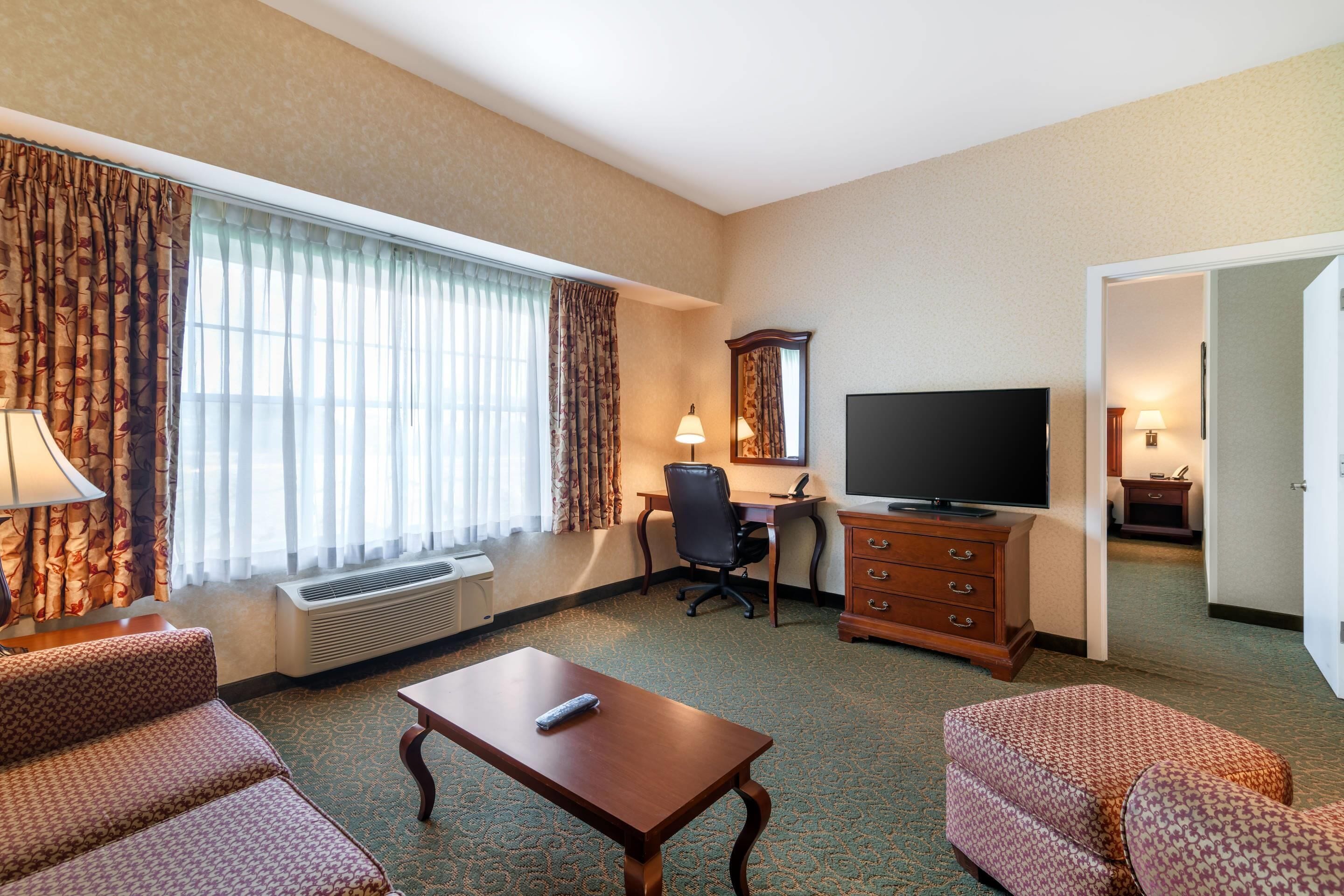 A hotel room with a desk, television, and two patterned sofas.