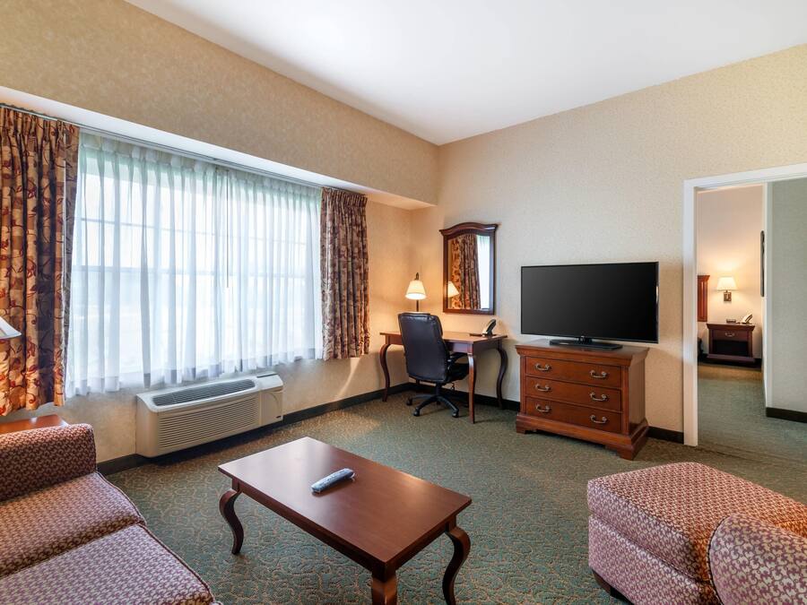 A hotel room with a desk, television, and two patterned sofas.