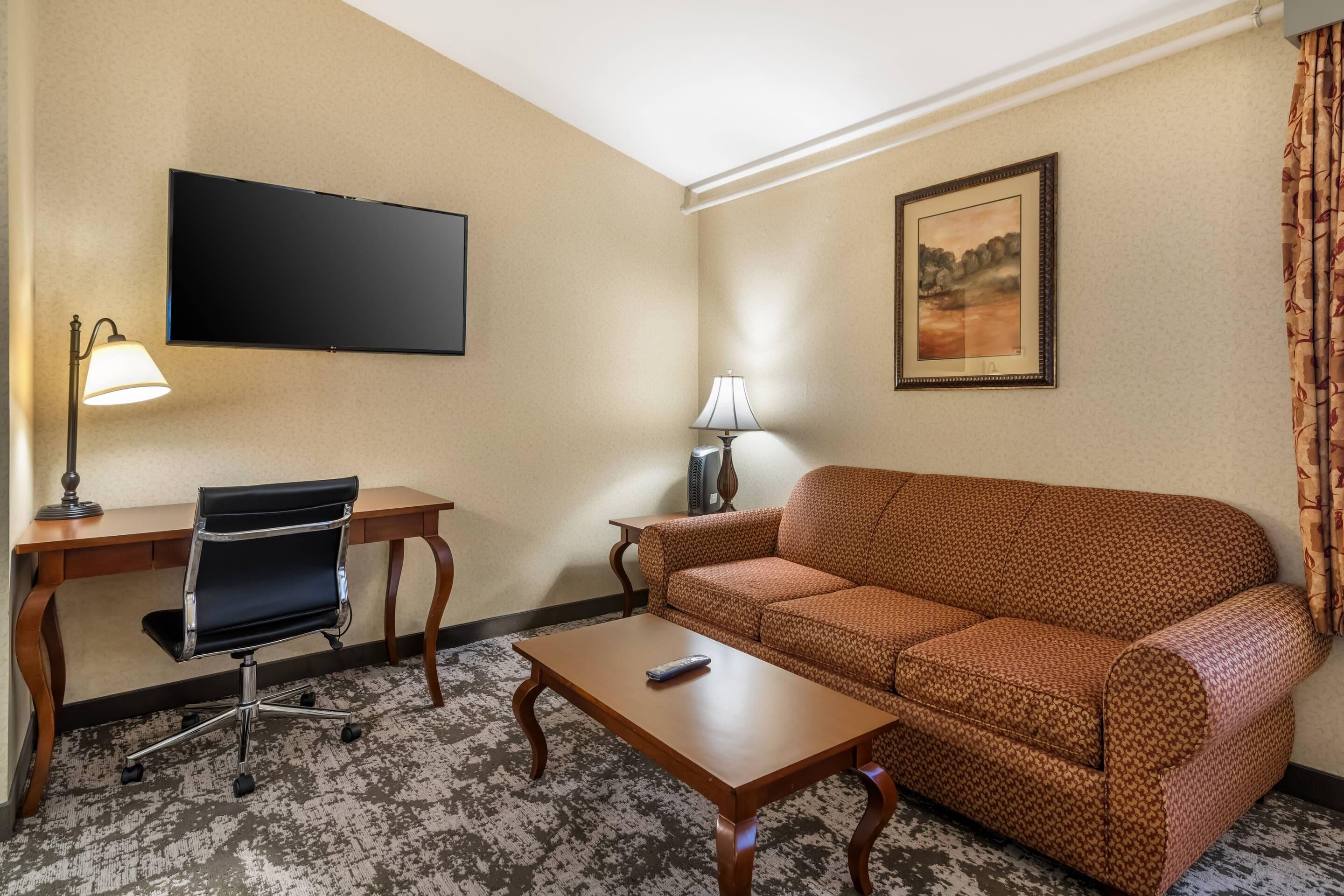 Une chambre d’hôtel avec un canapé, un bureau avec une chaise, une télévision, une lampe et un tableau encadré au mur.