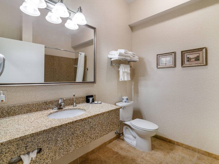 A bathroom with a granite countertop sink, a mirror, a toilet, and two framed pictures on the wall.