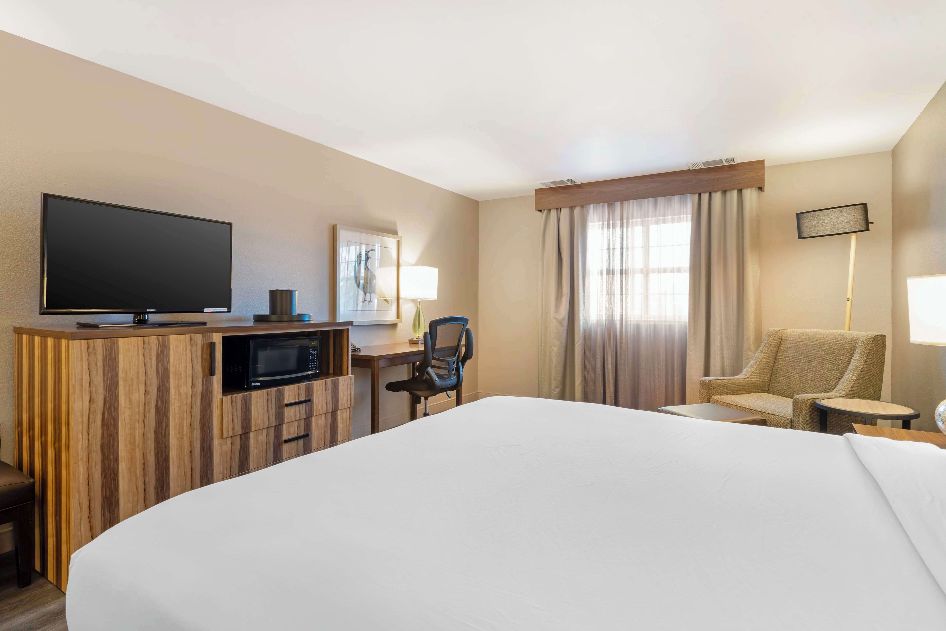 A hotel room with a large bed, a desk with a flat-screen TV, a microwave, a chair, and a lamp.