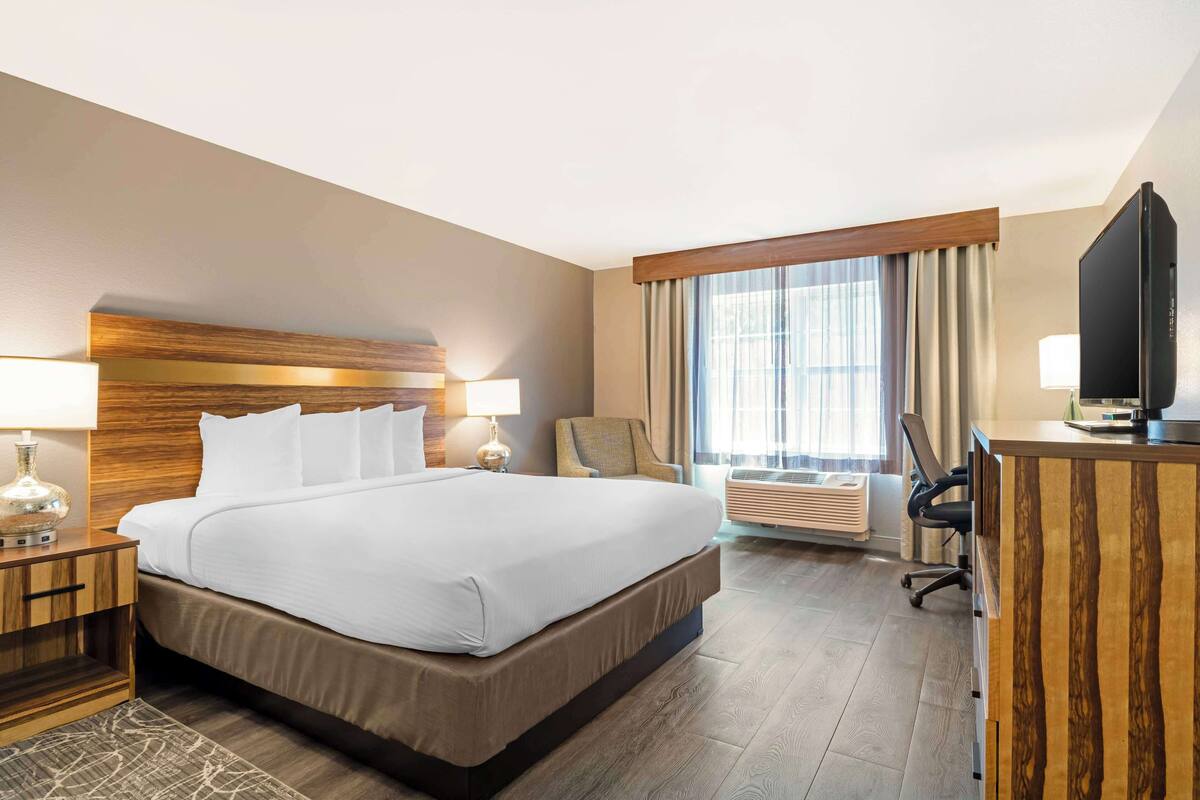 A hotel room with a large bed, a desk, a chair, a television, and an air conditioning unit.