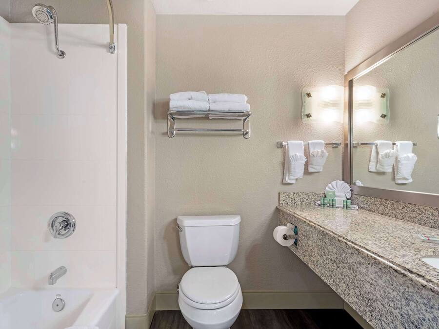 Un baño con bañera, inodoro y tocador con espejo. Hay toallas en un perchero y un rollo de papel higiénico en la pared.