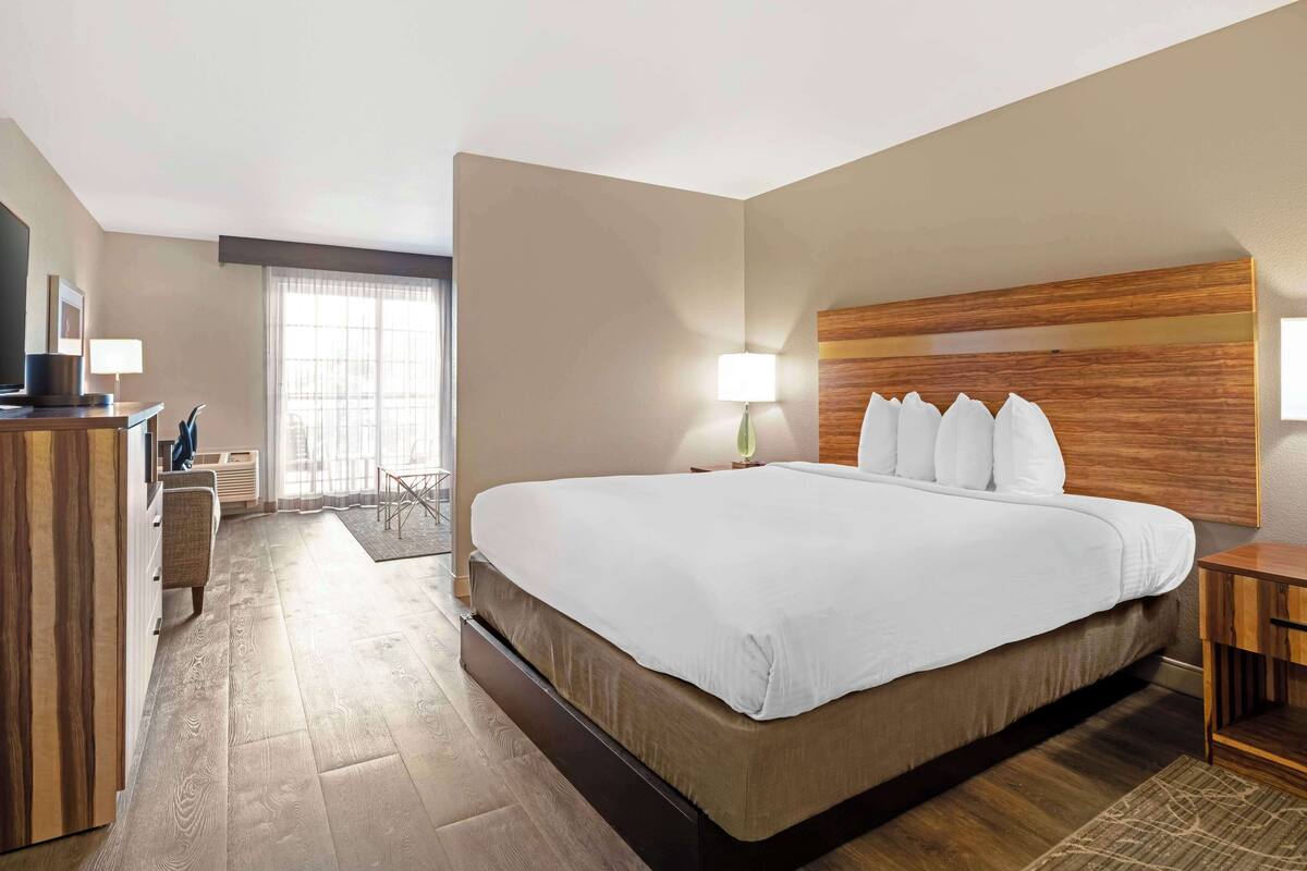 A hotel room with a large bed, a desk, a chair, and a TV.