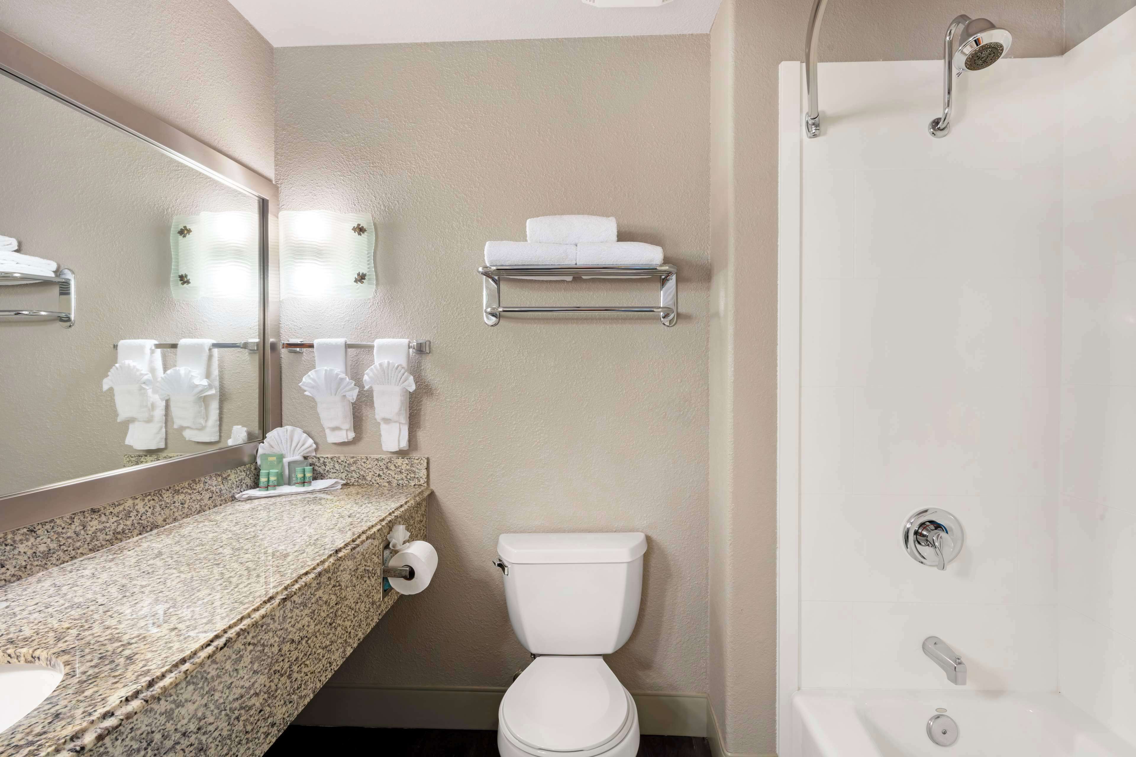 combined shower/bathtub, free toiletries, hair dryer, towels