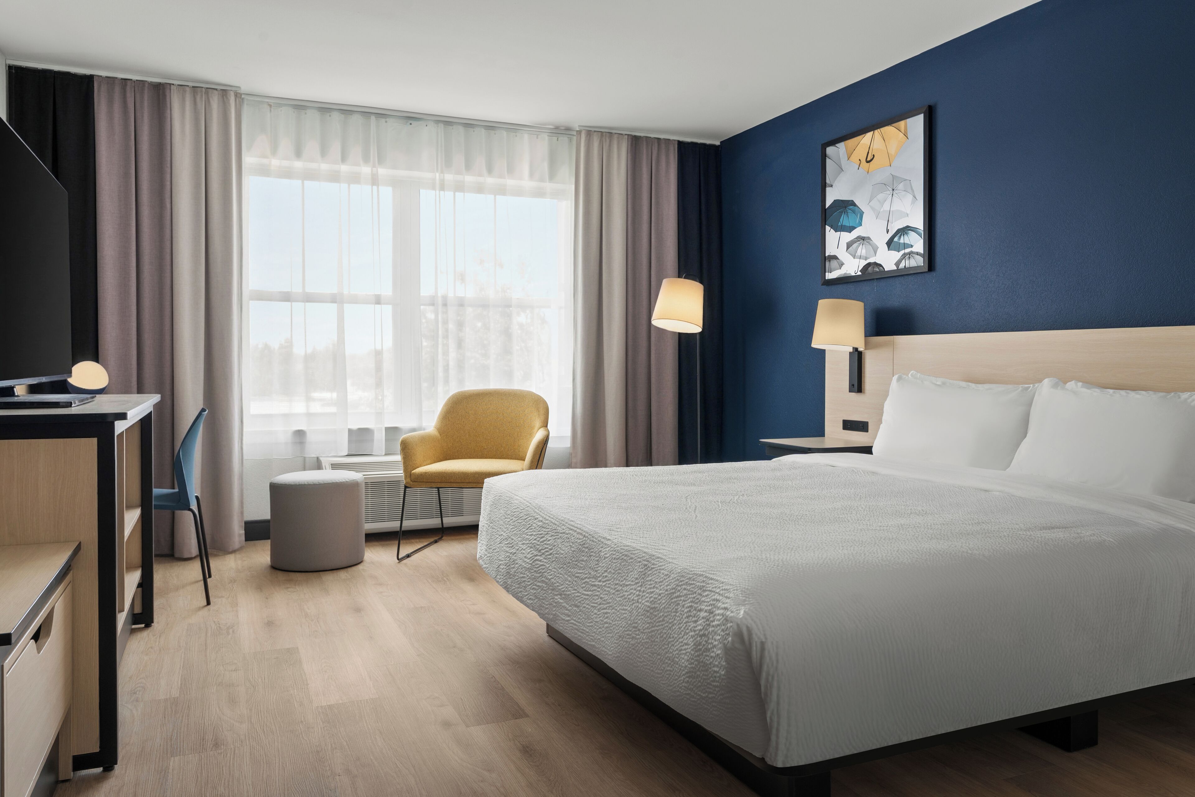 Chambre, 1 très grand lit (Mobility/Hearing Access, Roll-in Shwr) | Literie de qualité, bureau, espace de travail pour ordinateurs portables