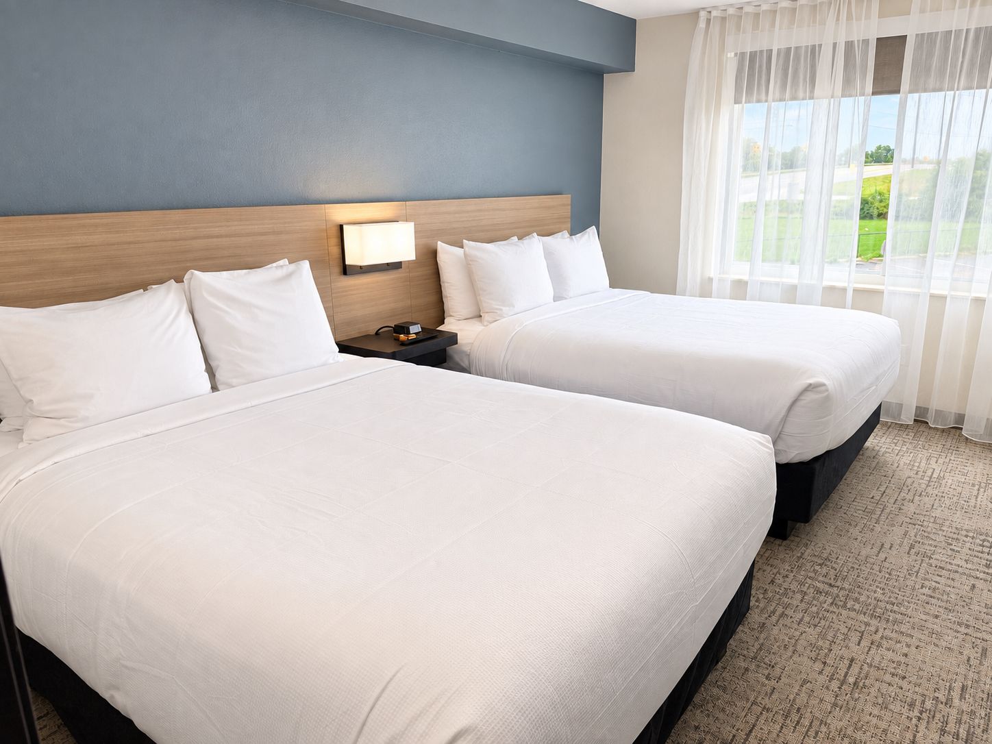 A hotel room with two beds, a nightstand with a lamp, and a view of a green landscape through sheer curtains.