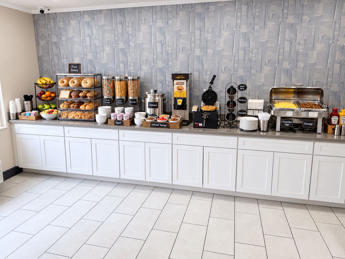 Un bufé de desayuno con diversas opciones de comida y una máquina para hacer gofres.