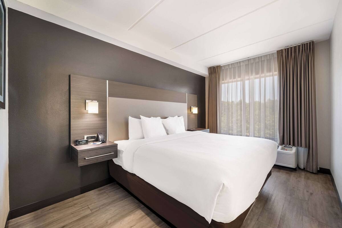 A hotel room with a large bed, a bedside table with a lamp, a mirror, and a window with curtains.