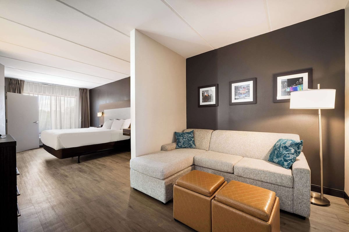 A hotel room with a bed, a sofa, and a desk.