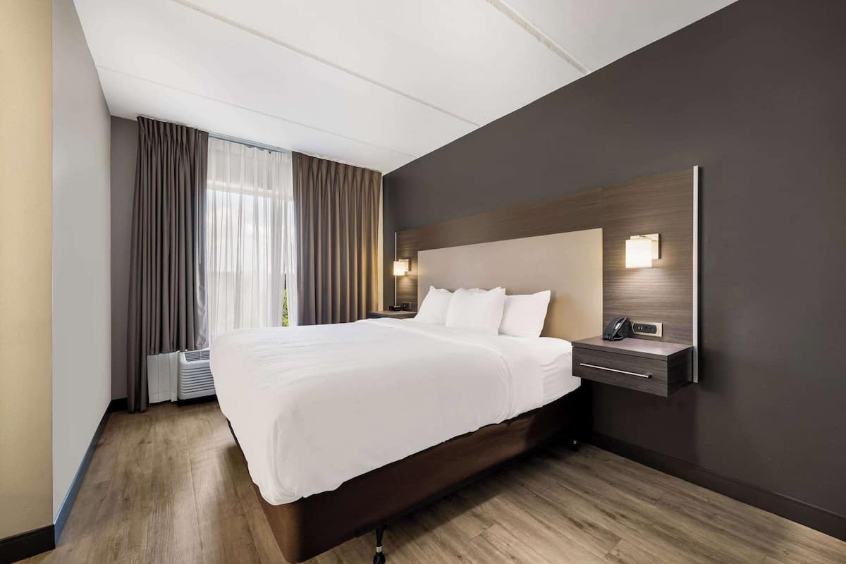 A hotel room with a large bed, a bedside table with a lamp, a wall-mounted shelf, and a window with curtains.