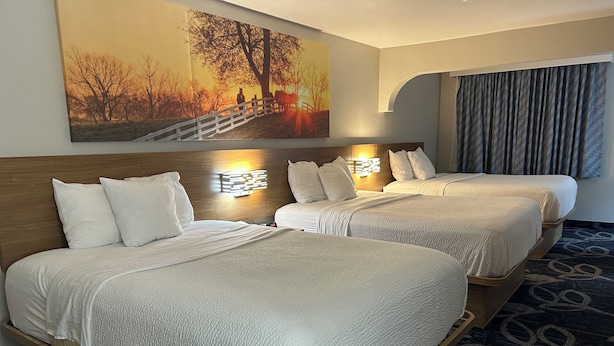 Habitación de hotel con dos camas, cada una con ropa de cama blanca y cabeceros. En la pared, sobre las camas, hay un cuadro grande de una escena de atardecer.
