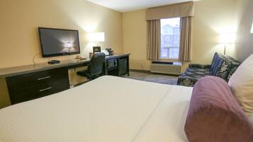 Premium bedding, desk, blackout drapes, iron/ironing board