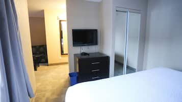 Premium bedding, desk, blackout curtains, iron/ironing board