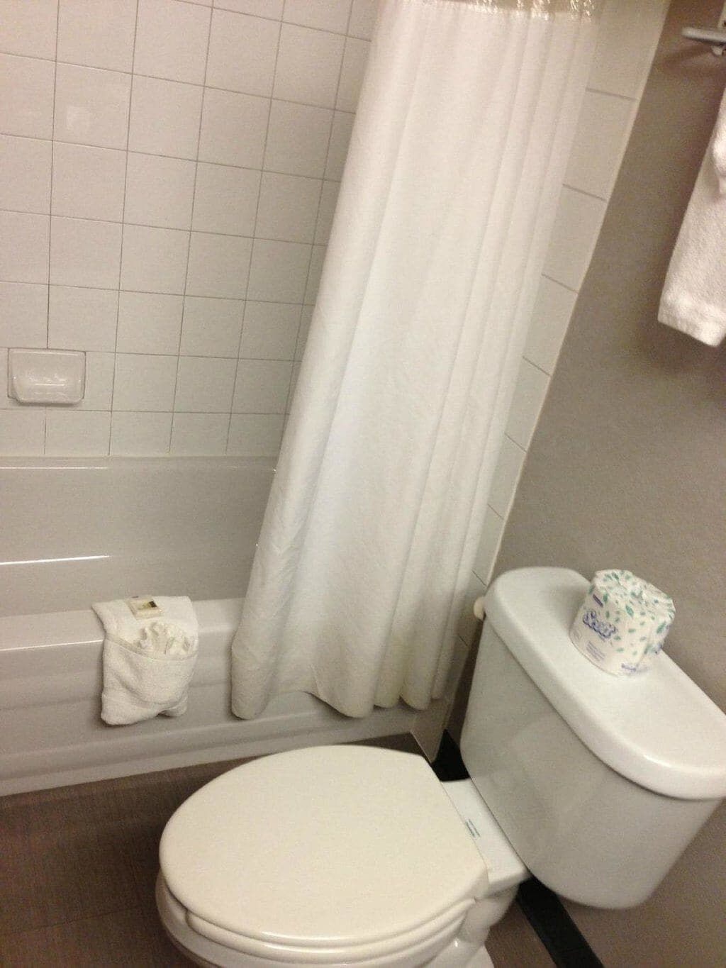 A bathroom with a toilet, a bathtub, and a shower curtain.