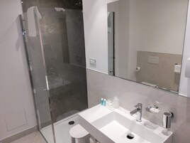 Shower, rainfall showerhead, free toiletries, hair dryer