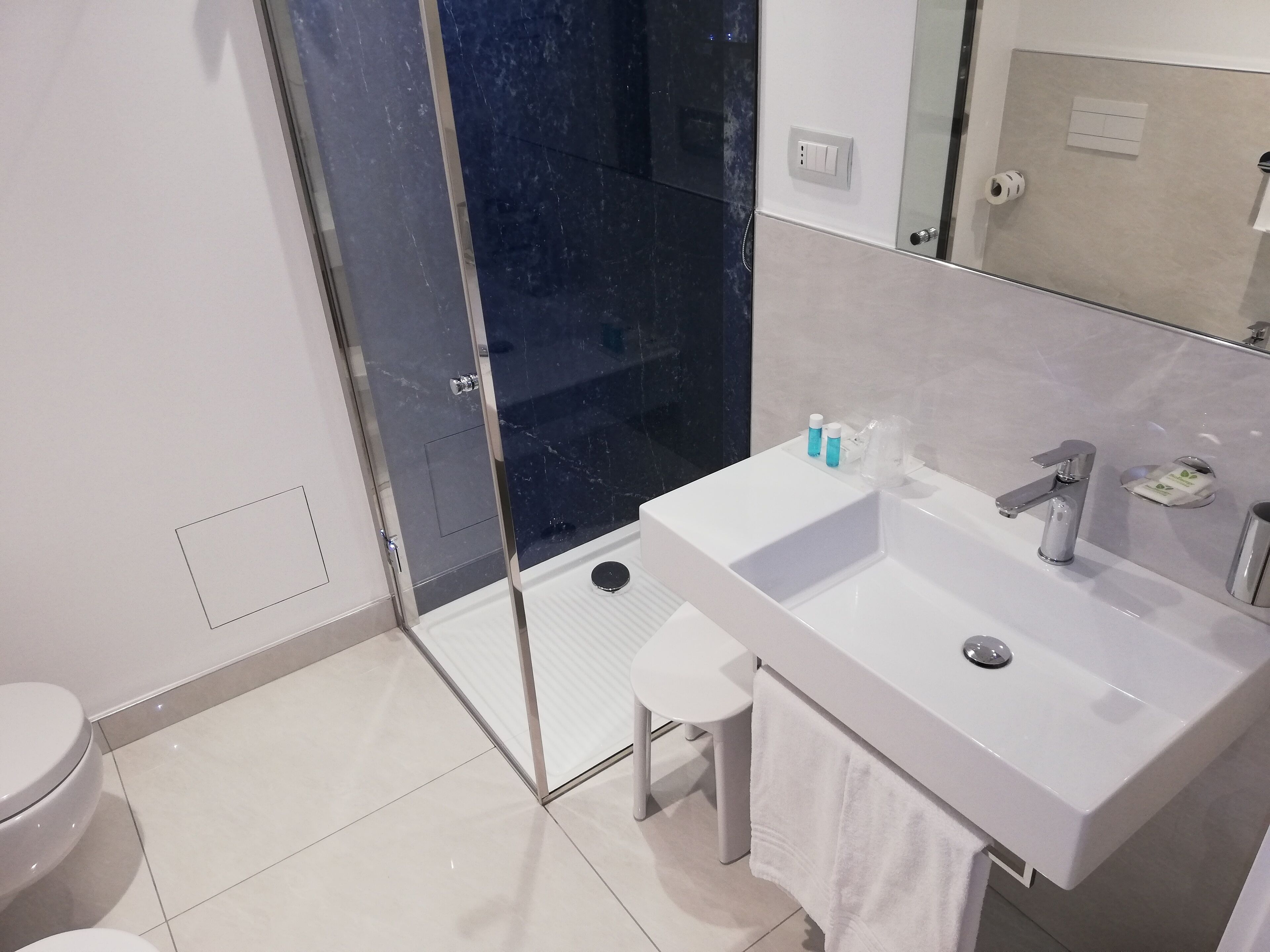 shower, rainfall showerhead, free toiletries, hair dryer