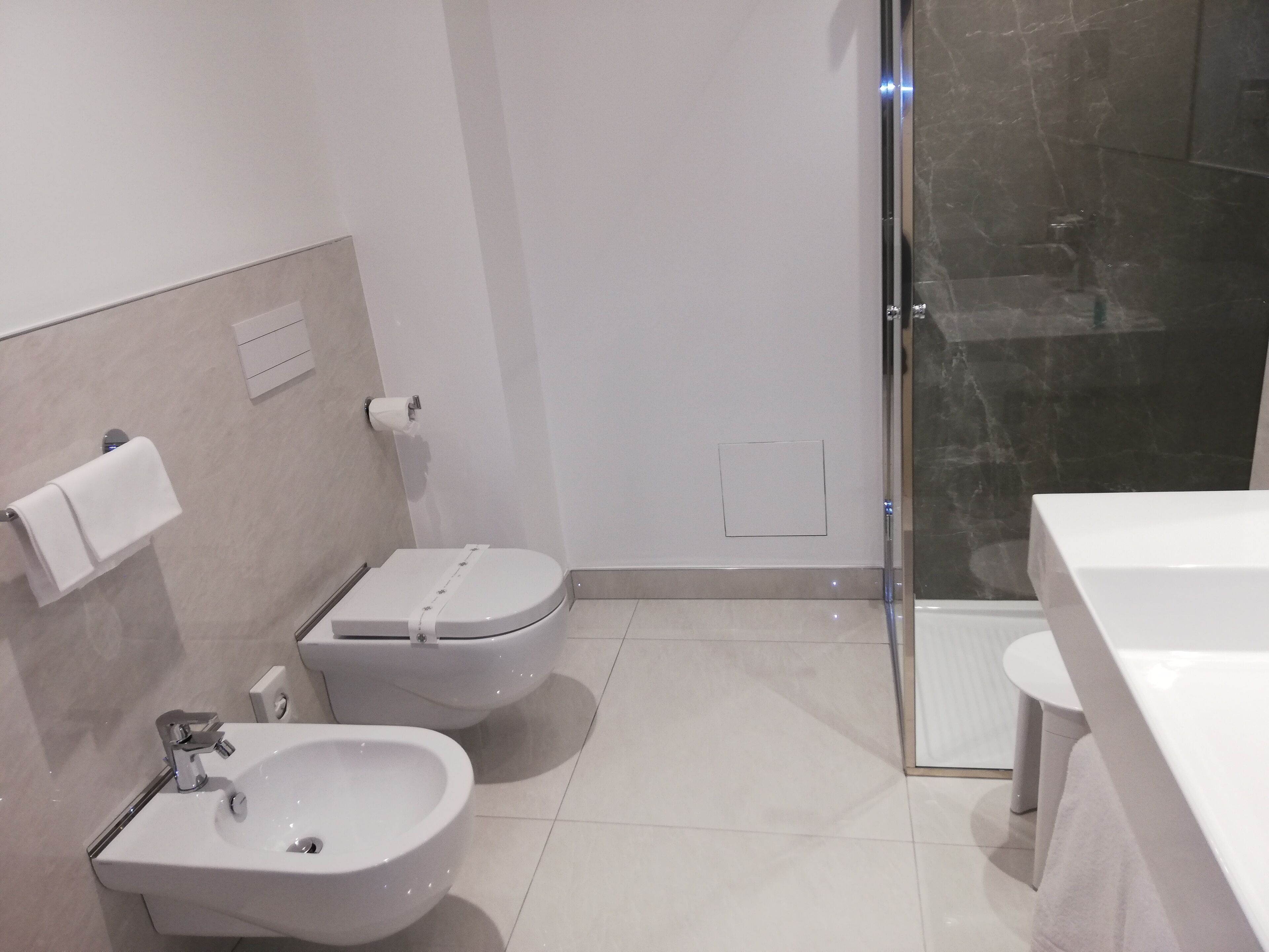 A modern bathroom with a toilet, bidet, and glass shower enclosure.