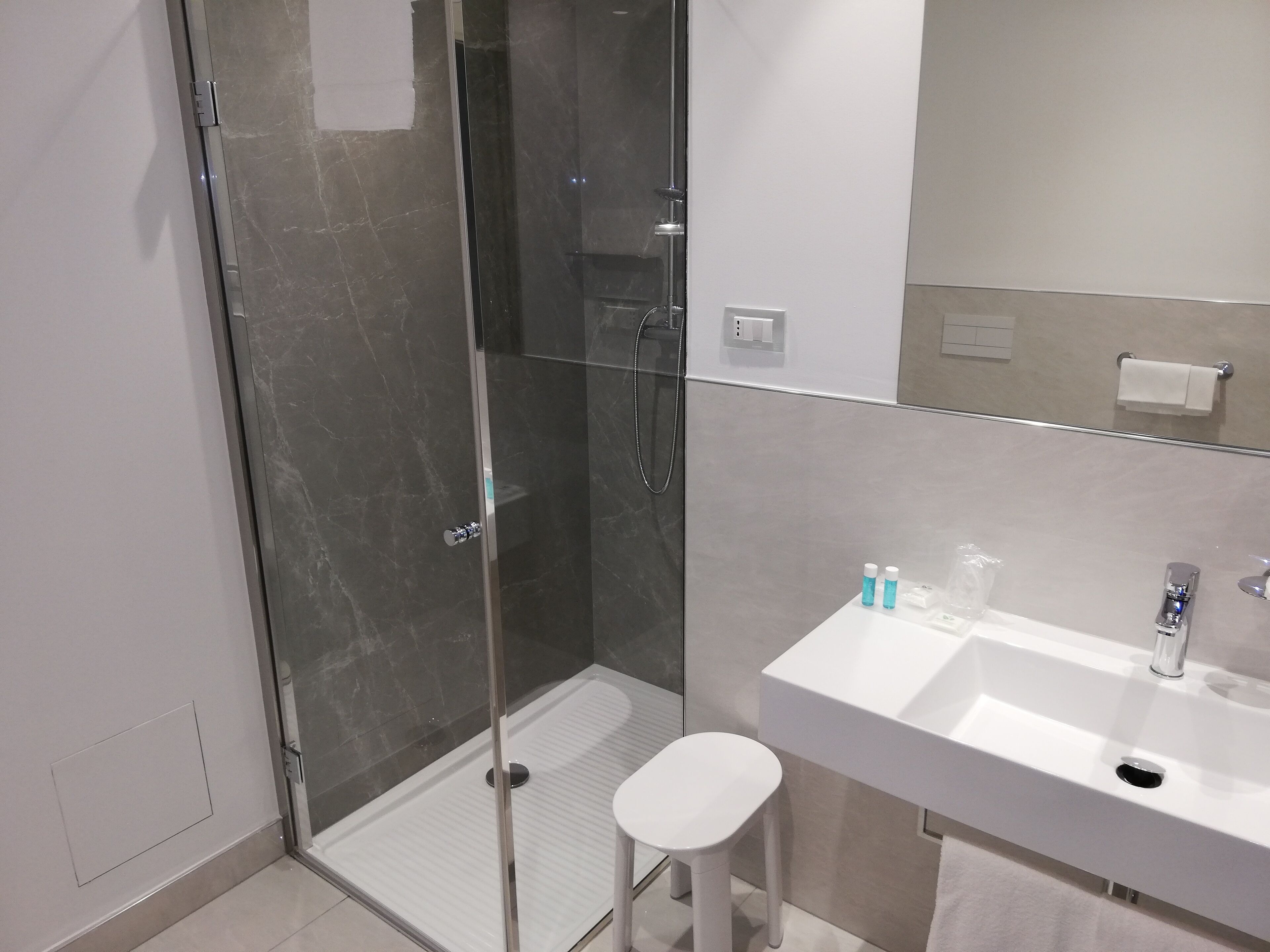 A modern bathroom with a glass shower enclosure, a white sink, and a mirror above it.