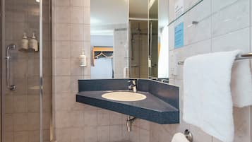 Shower, free toiletries, hair dryer, towels