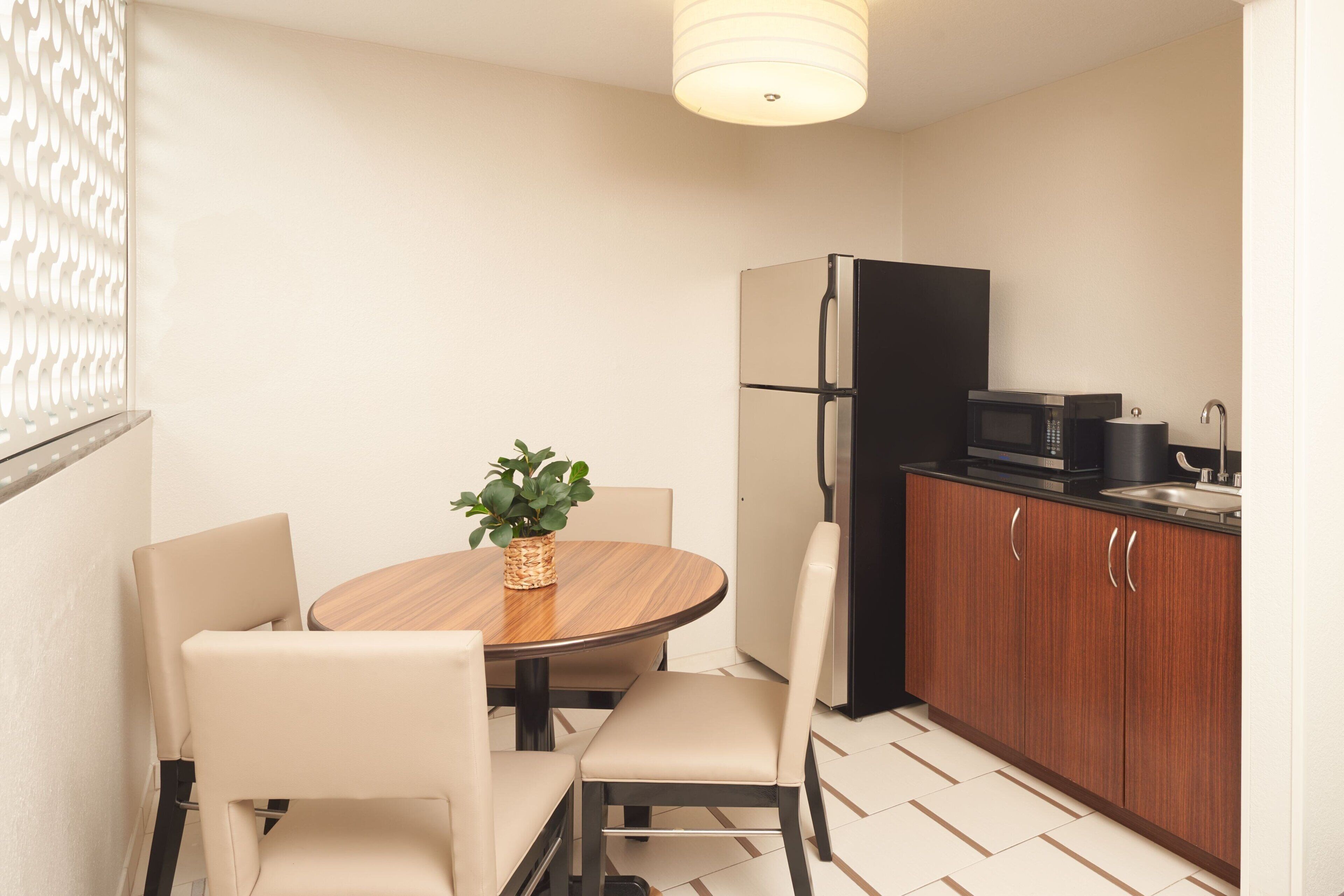 Fridge, microwave, coffee/tea maker, ice maker