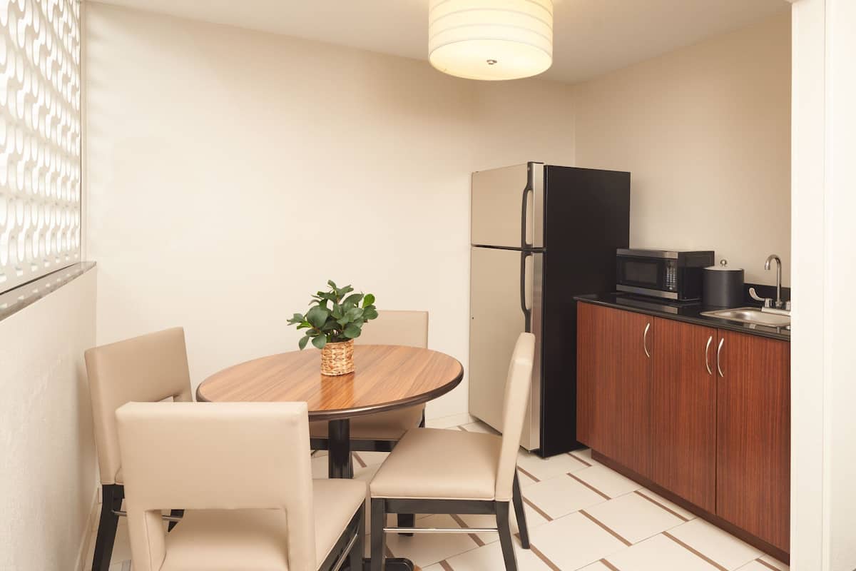 Fridge, microwave, coffee/tea maker, ice maker