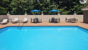 Ein Pool mit Liegestühlen und Sonnenschirmen, umgeben von einer niedrigen Mauer und Bäumen.