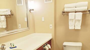 Une salle de bain équipée d’un lavabo, d’un miroir, de toilettes, d’un porte-serviettes et d’un système de ventilation.