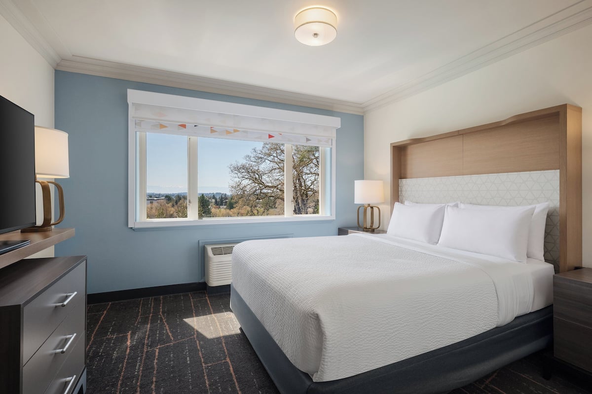 A hotel room with a bed, a TV, a window with a view, and a nightstand with a lamp.