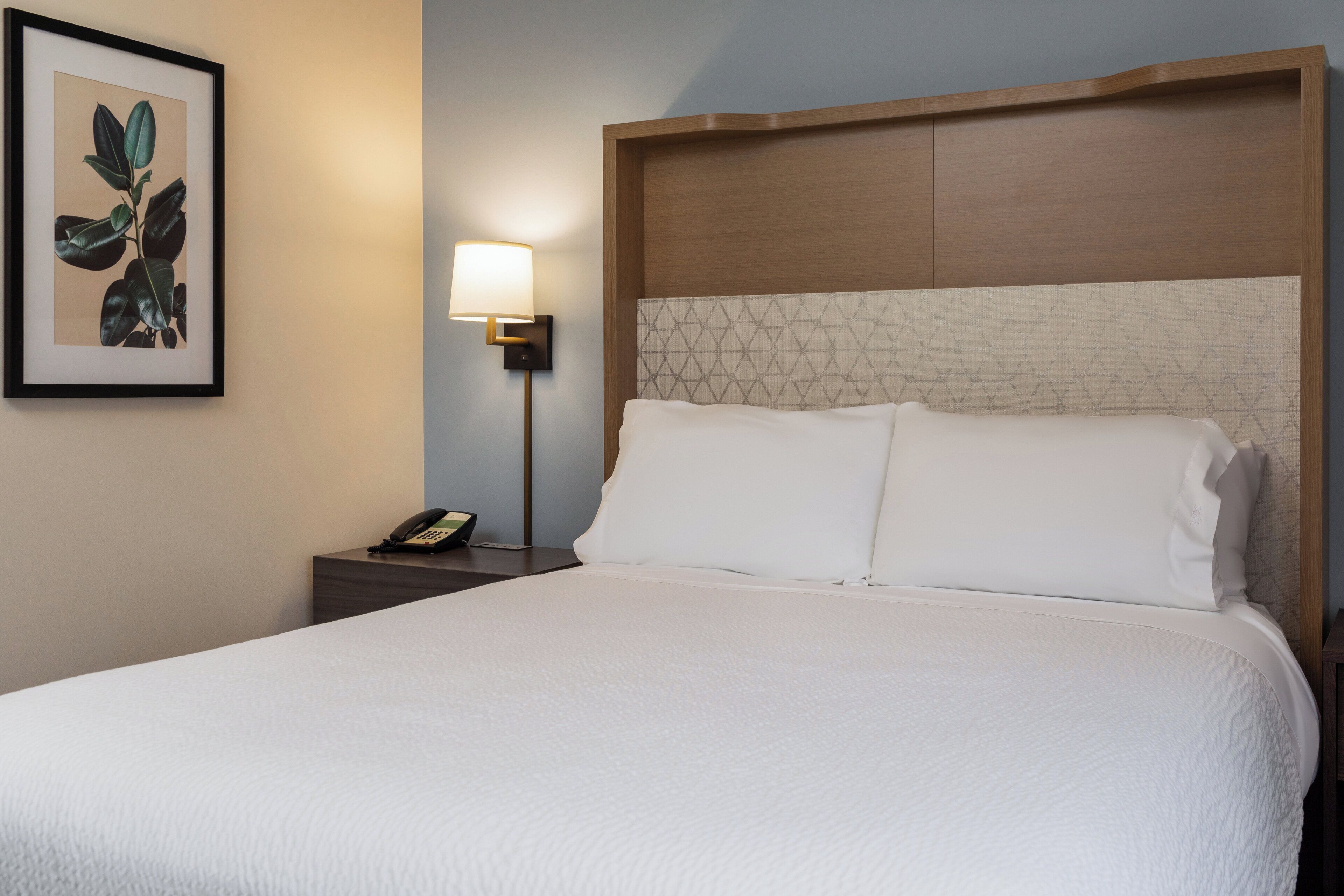 Una cama bien hecha con sábanas blancas, un cabecero de madera con diseño geométrico, una lámpara de noche e impresión enmarcadas de motivos botánicos en la pared.