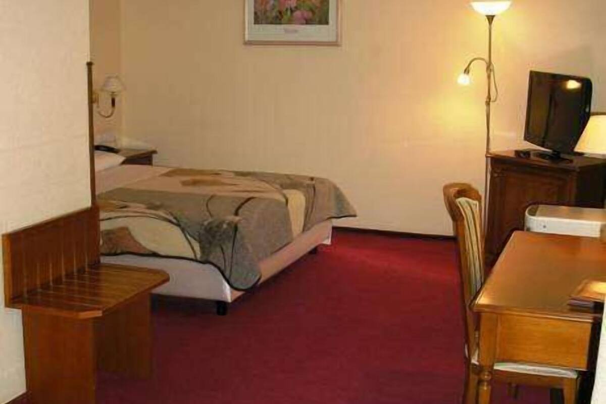 A hotel room with a bed, a desk, a chair, a TV, and a lamp.