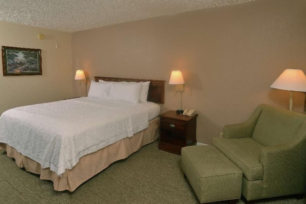 A hotel room with a bed, a nightstand with a lamp, a chair, and a painting on the wall.