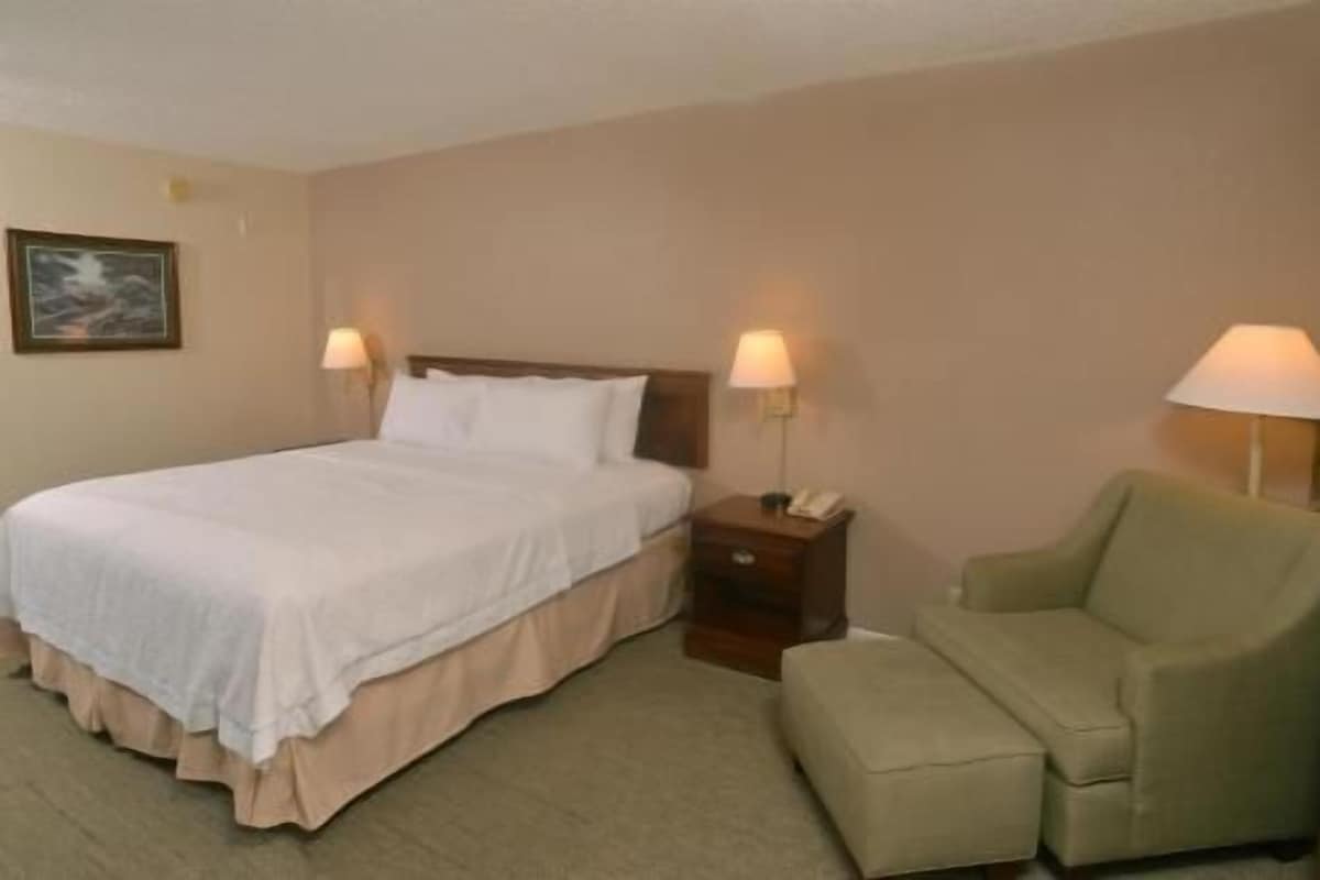 A hotel room with a bed, bedside tables, a lamp, and a sofa.