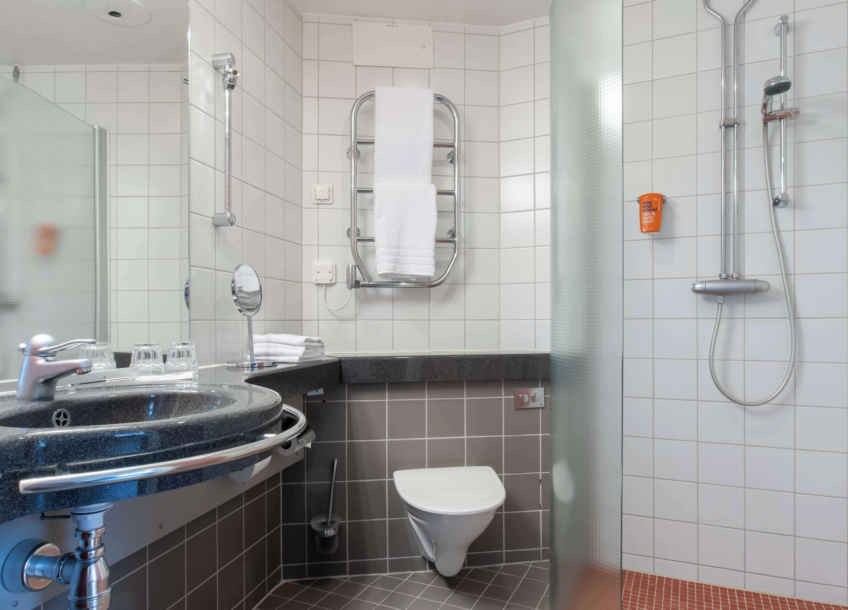 hair dryer, towels, soap, shampoo