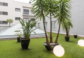 A courtyard with artificial grass, potted plants, and a modern building in the background.