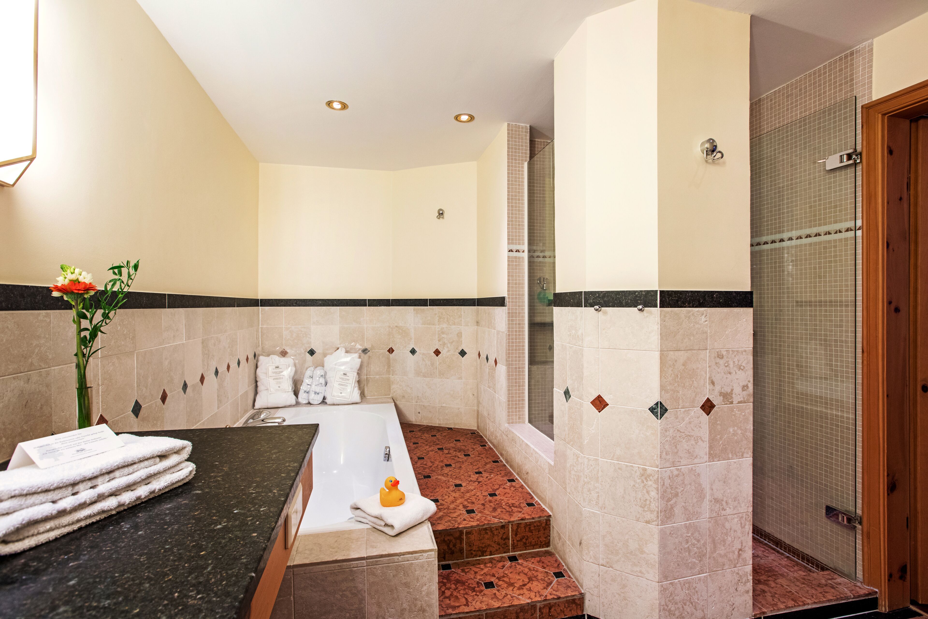 free toiletries, hair dryer, bathrobes, slippers