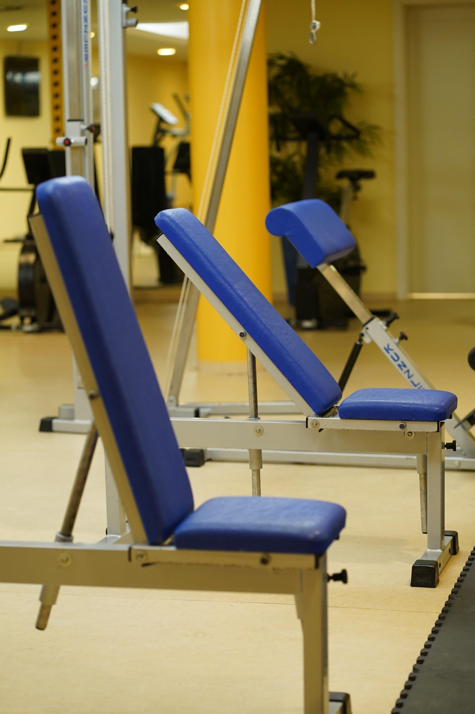 Un gimnasio con equipamiento de ejercicio, incluyendo bancos y una cinta de correr.