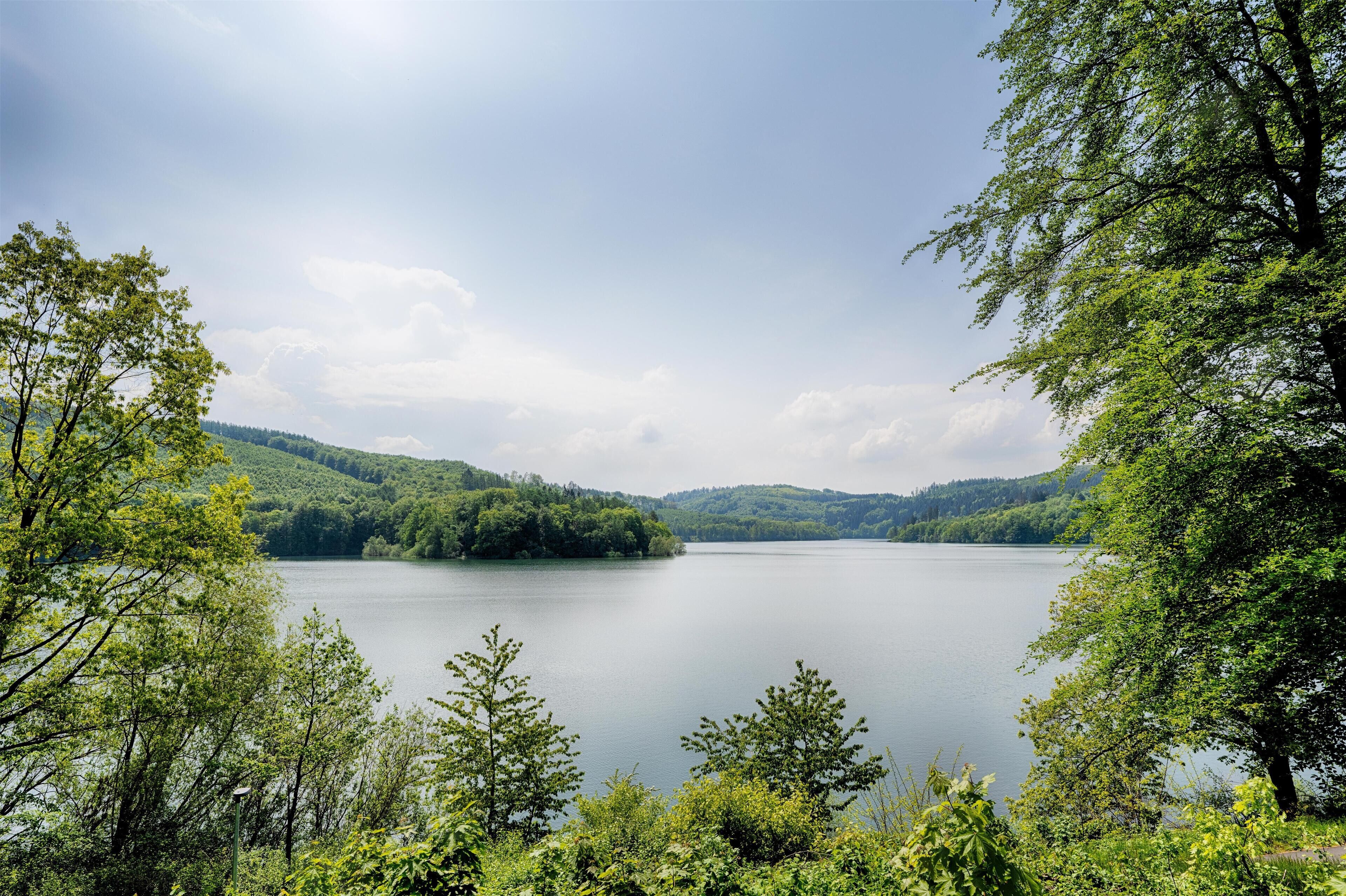 Ein See, umgeben von üppigen grünen Hügeln und Bäumen.